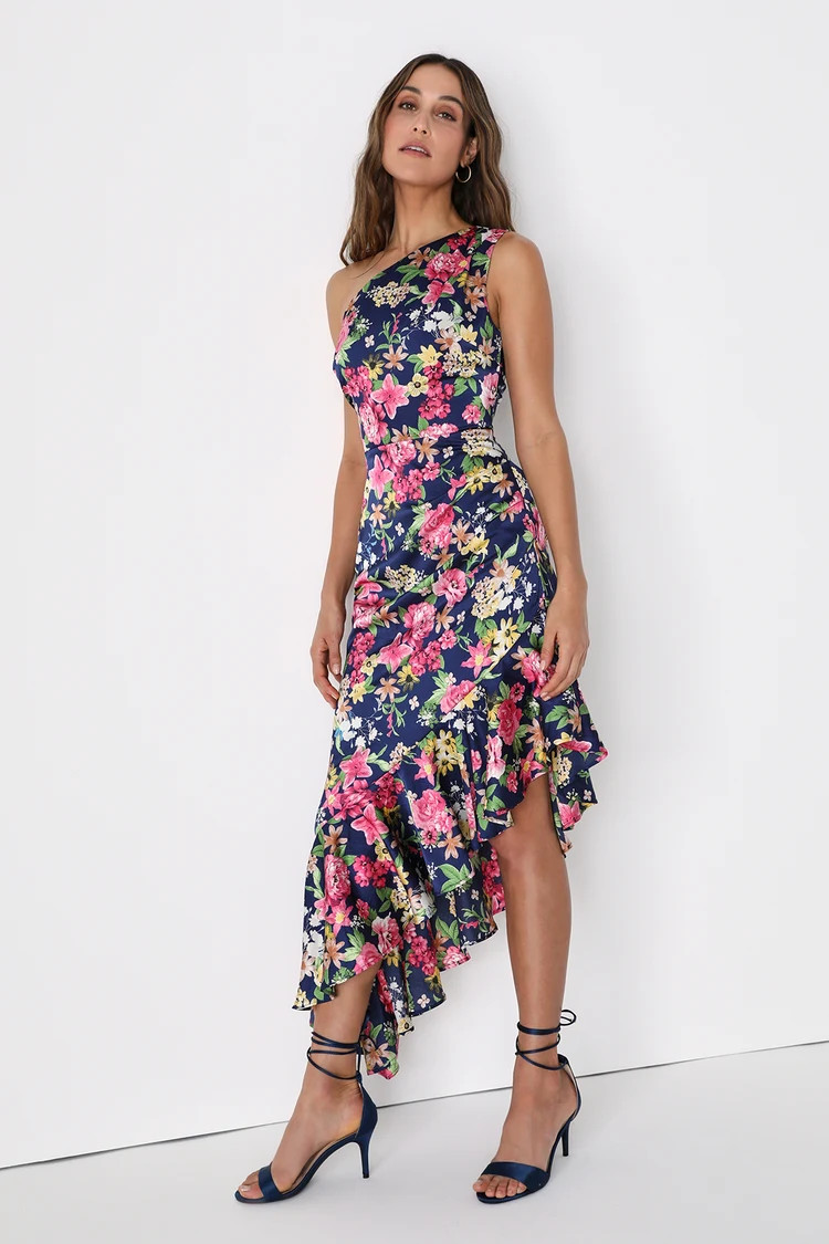 Divinely Blooming Blue Multi Floral One-Shoulder Midi Dress | Lulus