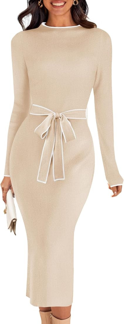 MEROKEETY Women's 2024 Long Sleeve Midi Sweater Dress Fall Mock Neck Color Block Tie Waist Bodyco... | Amazon (US)