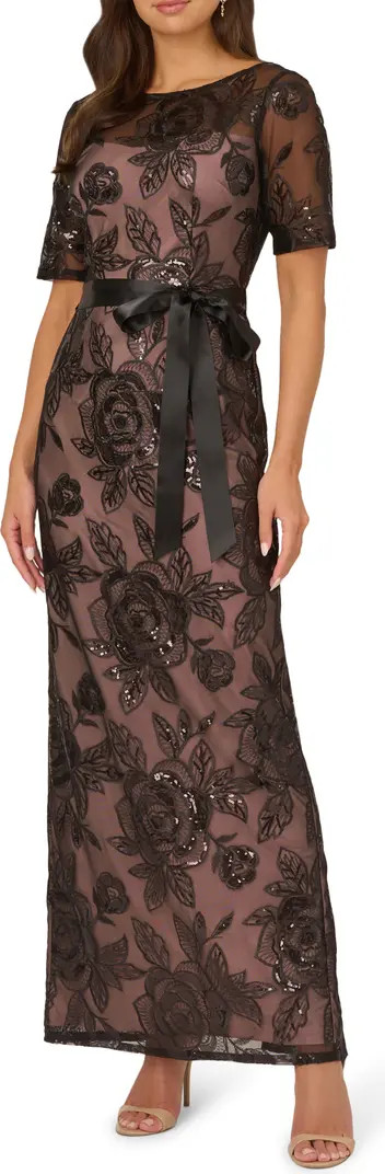 Adrianna Papell Floral Sequin Tulle Column Gown | Nordstrom | Nordstrom