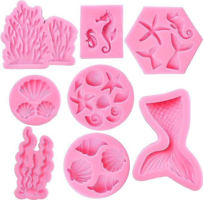 GELIFATLE Mermaid Theme Cake Mold, Mermaid, Shell, Seaweed, Coral Silicone Mold Cupcake Toppers M... | Amazon (US)