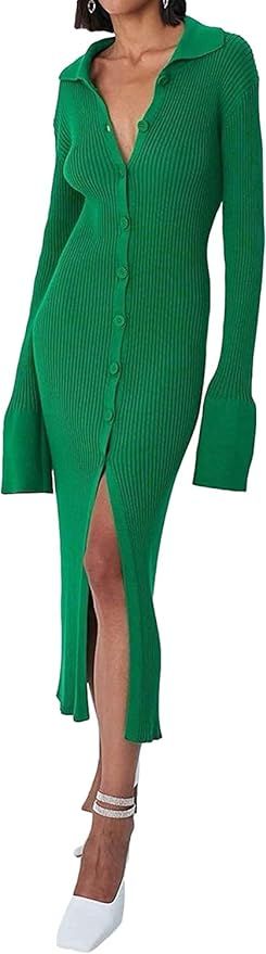 RanRui Women Long Sleeve Knit Dress Stripe Botton Down Knitted Dress Cardigan Sweater Dresses Rib... | Amazon (US)