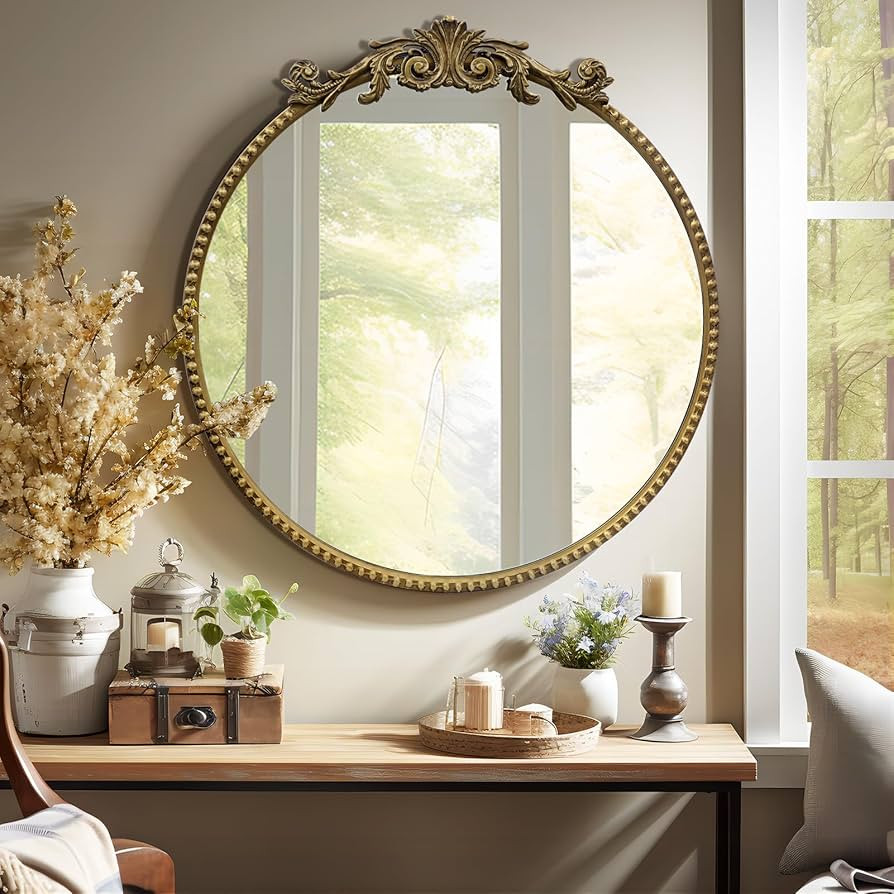 Round Mirror, 28''Baroque Style Circle Mirror Vintage Gold Metal Frame Wall Mirrors for Vanity, B... | Amazon (US)