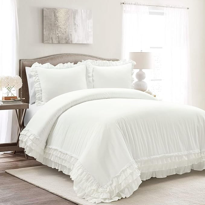 Lush Decor Ella Ruffle Lace 100% Cotton Duvet Cover, 3 Piece Set, Full/Queen, White - Cute Comfor... | Amazon (US)
