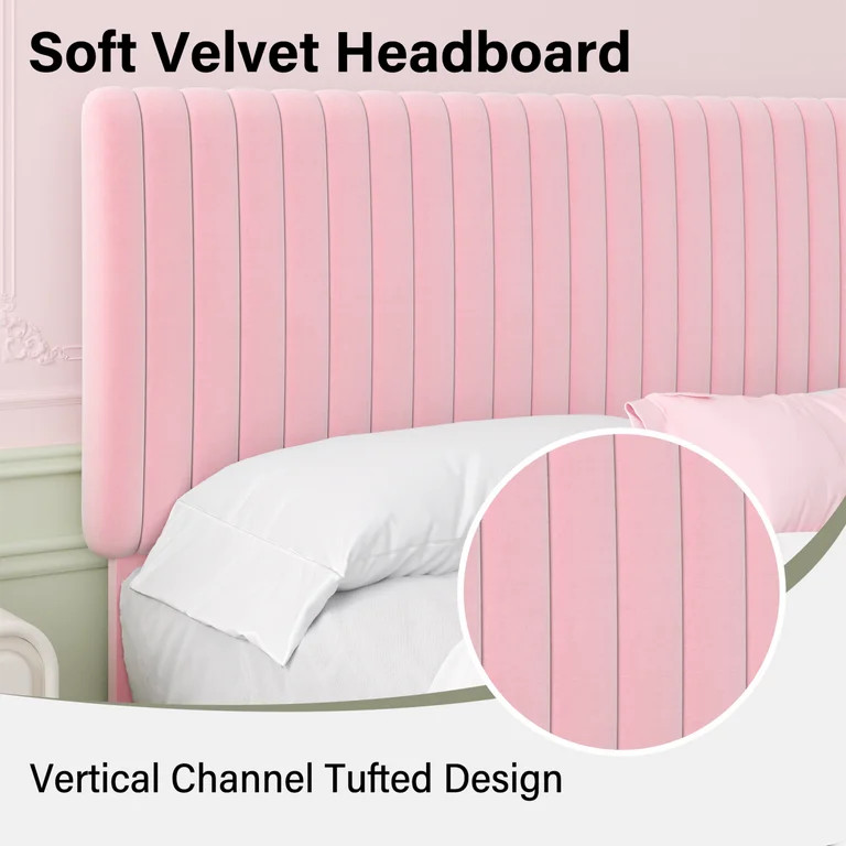 4 Ever Winner Twin Upholstered Platform Bed Frame with Vertical Channel Tufted Headboard, Pink | Walmart (US)