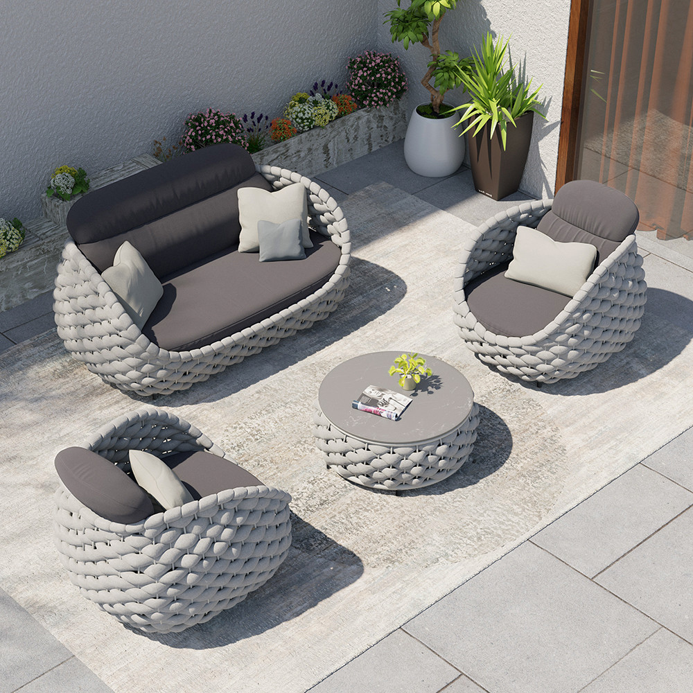4 PCS Woven Rope Outdoor Sectional Sofa Set Mordern Yard & Patio Furniture for 4 Person in Gray Cushion & Pillow Included | Homary
