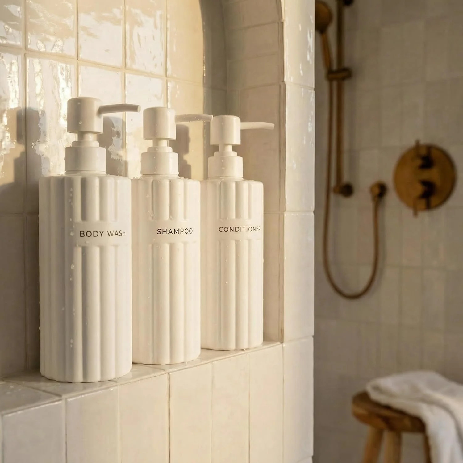 Stylish Shampoo and Conditioner Dispenser Set of 3 - Modern 19oz Shower Soap Bottles with Pump La... | Walmart (US)