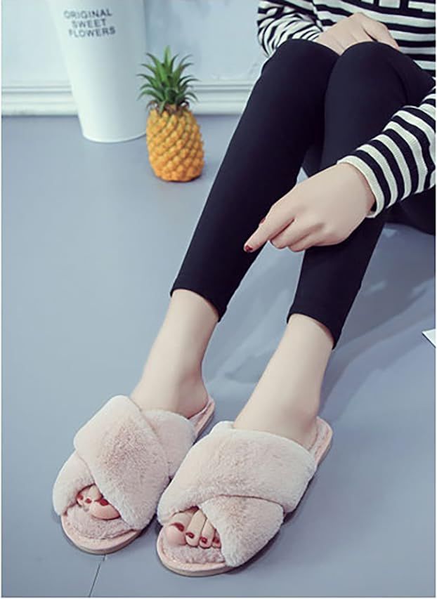 Women's Cross Band Slippers Soft Plush Furry Cozy Open Toe House Shoes Indoor Outdoor Faux Rabbit Fu | Amazon (US)