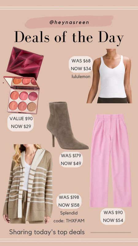 Daily deals on Tarte palette, lululemon align top, Abercrombie pants, Dolce Vita booties, Splendid cashmere cardigan 

#LTKsalealert