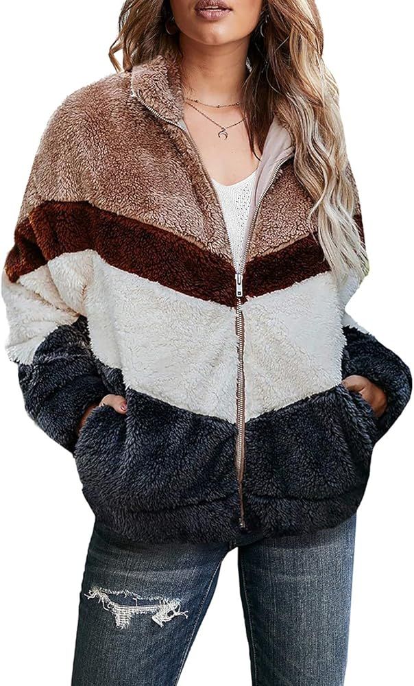 Dokotoo Womens Winter Full Zipper Pocketed Sherpa Short Teddy Jackets Coats | Amazon (US)