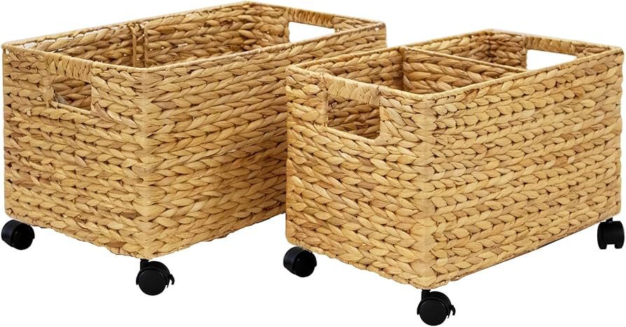 Set 2 (different sizes nesting in a set) Natural Wicker Rolling Storage Baskets on Wheels w Inser... | Amazon (US)