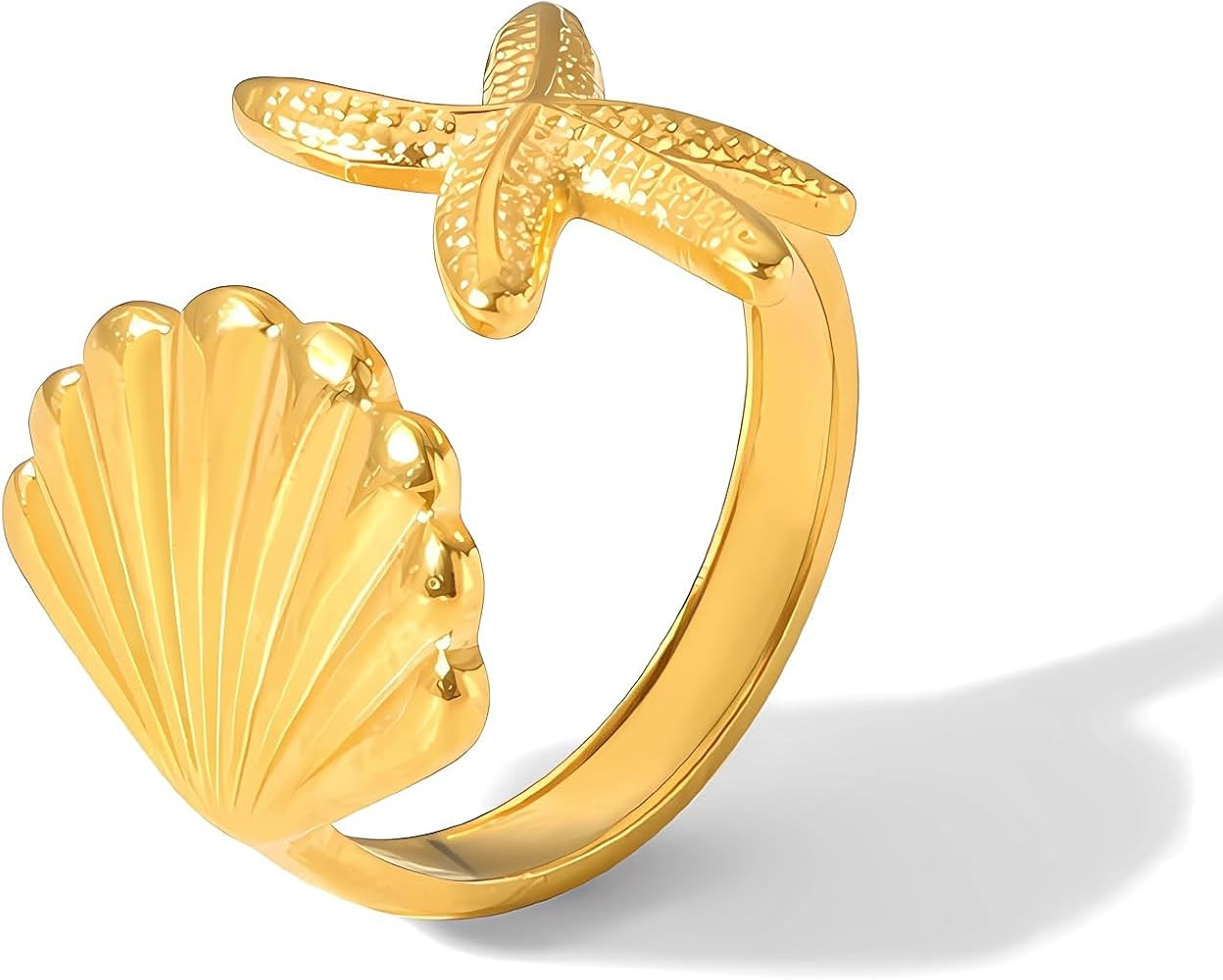 Gold Seashell Ring for Women Gold Plated Trendy Starfish Open Ring Summer Beach Jewelry | Amazon (US)