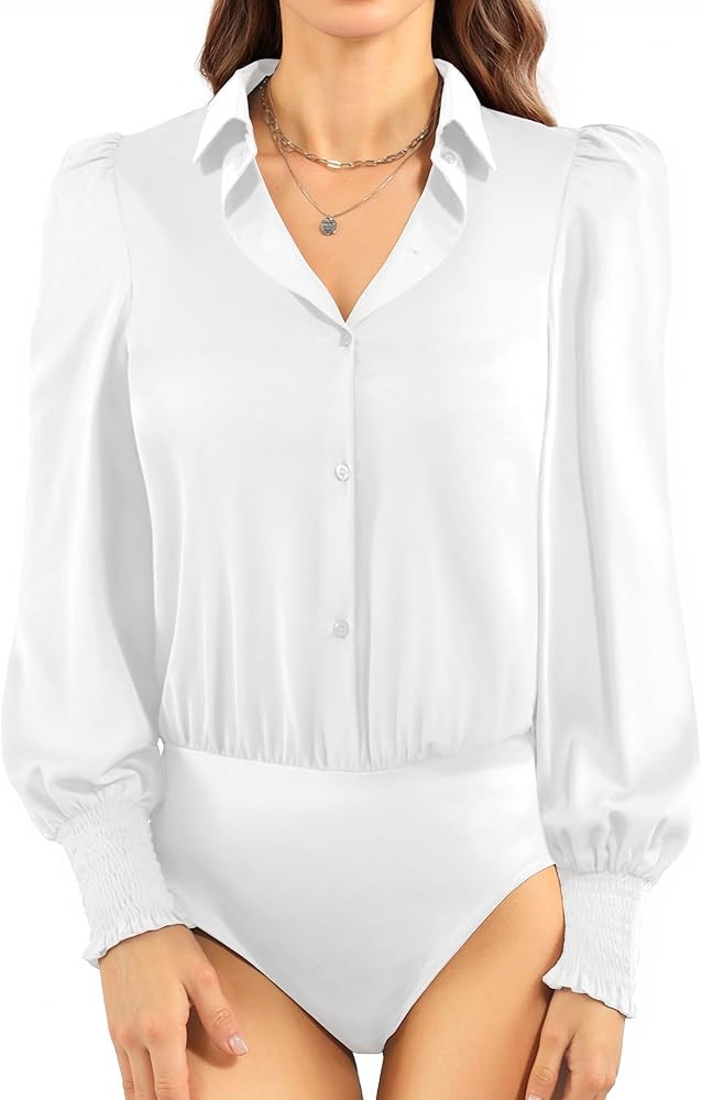 MANGOPOP womens body suits tops Blouse Button Down long sleeve bodysuit for women Collared One-Pi... | Amazon (US)