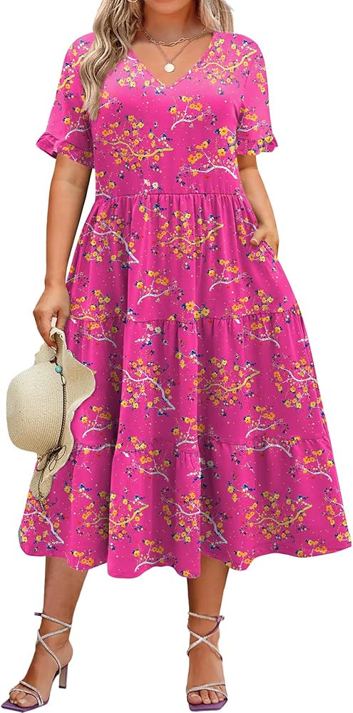 IN'VOLAND Womens Plus Size Short Sleeve Dress Summer Midi Casual Tiered V-Neck Aline Flowy Loose ... | Amazon (US)