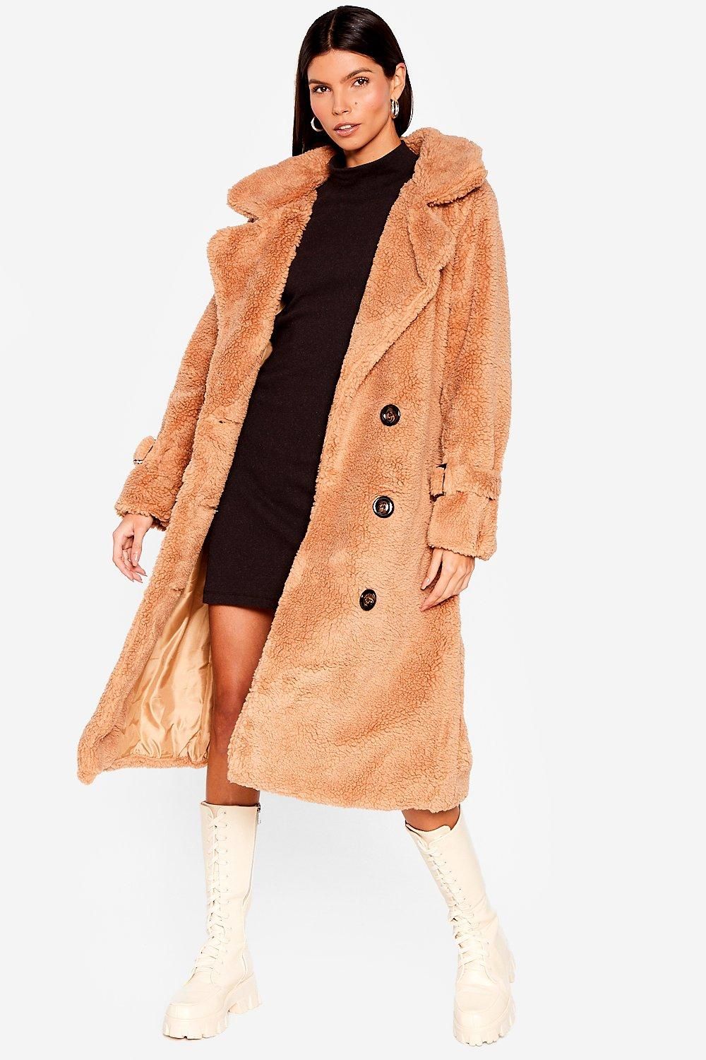 Womens Faux Shearling Longline Coat with Button Closures - Camel | NastyGal (US & CA)