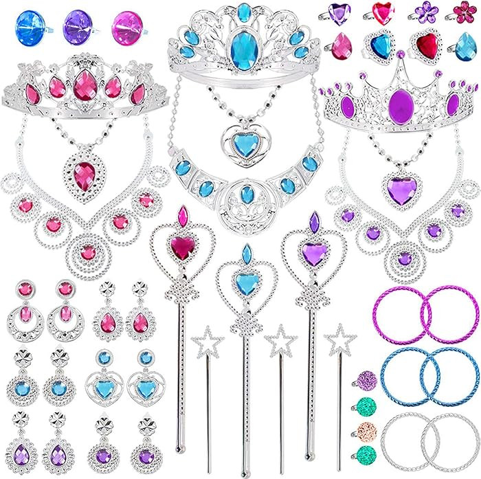 Princess Pretend Jewelry Toy 48 Pcs Jewelry Dress Up Play Set for Girls Included Tiaras Necklaces... | Amazon (US)