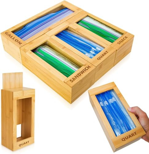 mHomeAid Bag Storage Organizer - Bamboo Food Plastic Baggie Holder, Dispenser, and Container for Kitchen Drawer - Fits Ziplock and Ziploc Gallon, Quart, Sandwich & Snack Sized Slider Bags (Bamboo) | Amazon (US)