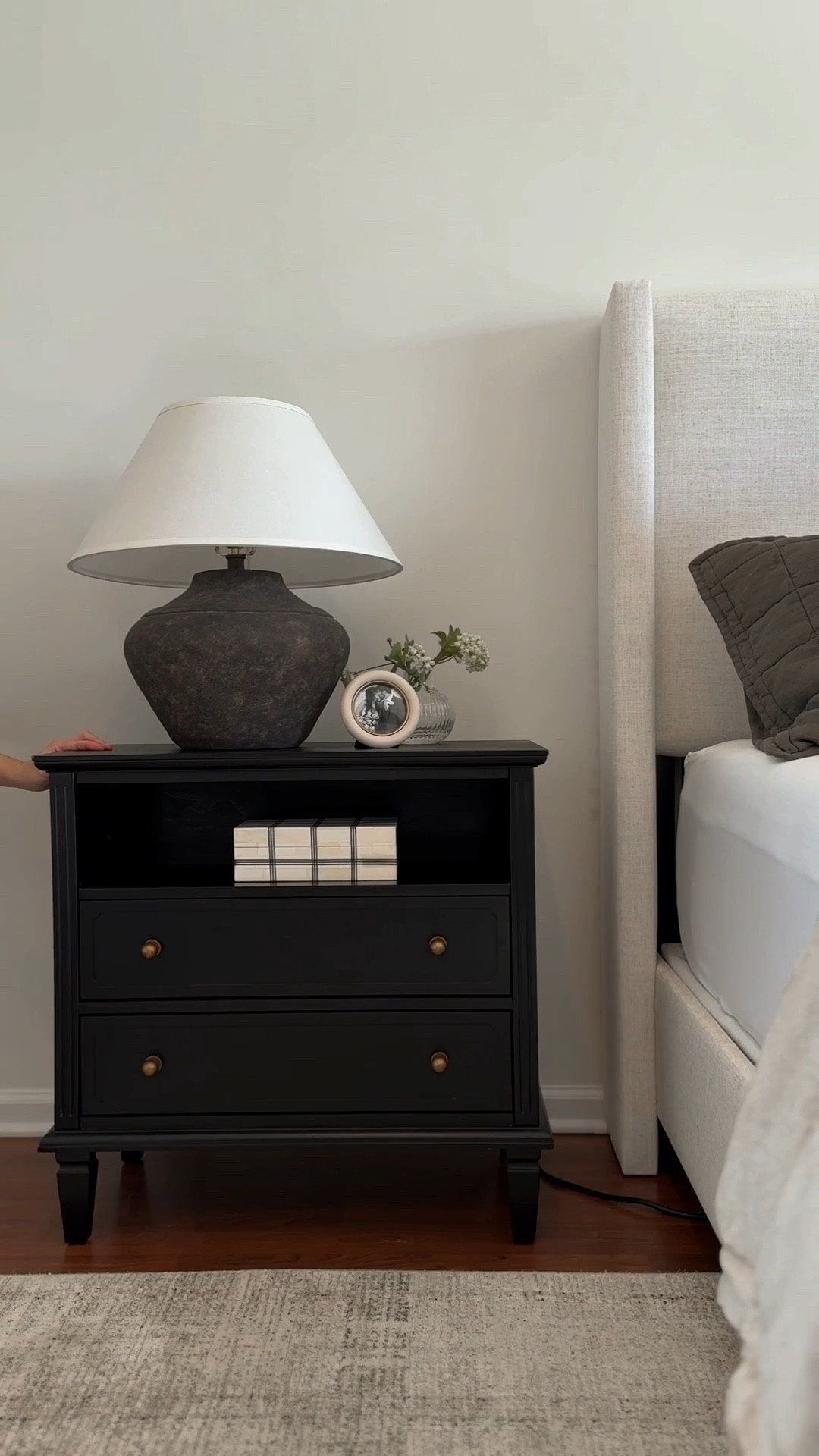 Charging nightstand, nightstand decor, nightstand lamp, bedroom furniture, bedding, Moody bedroom, black nightstand, Wayfair furniture

#LTKHome