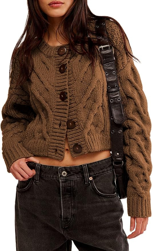 Zhiyouni Women's Cropped Cardigan Sweater Chunky Cable Knit Long Sleeves Button Down Coat | Amazon (US)