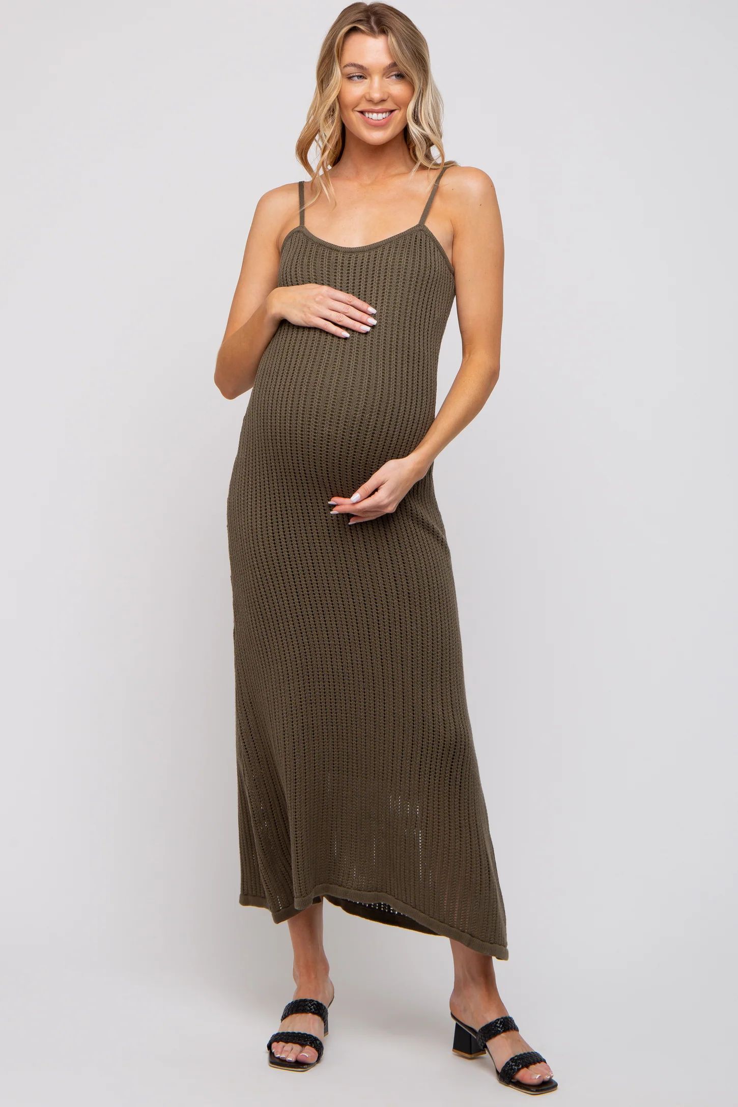 Olive Open Knit Crochet Maternity Midi Dress | PinkBlush Maternity