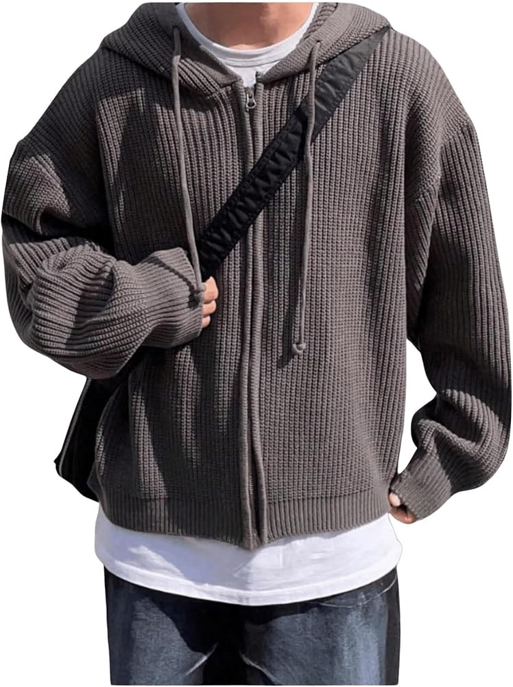 SHENHE Men's Zip Up Cardigan Plain Drawstring Knitted Loose Hooded Cardigan Sweater | Amazon (US)