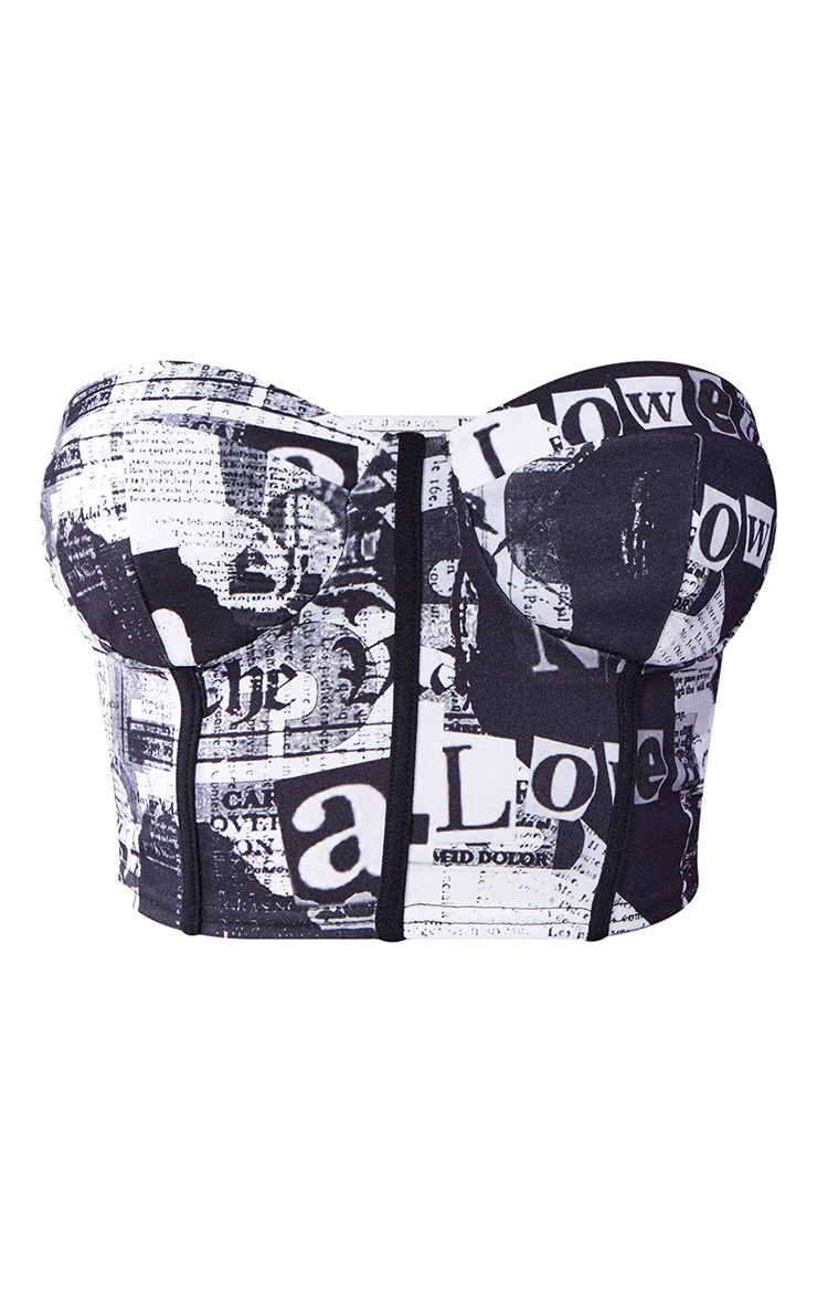 Black Newspaper Print Cup Detail Corset Top | PrettyLittleThing US