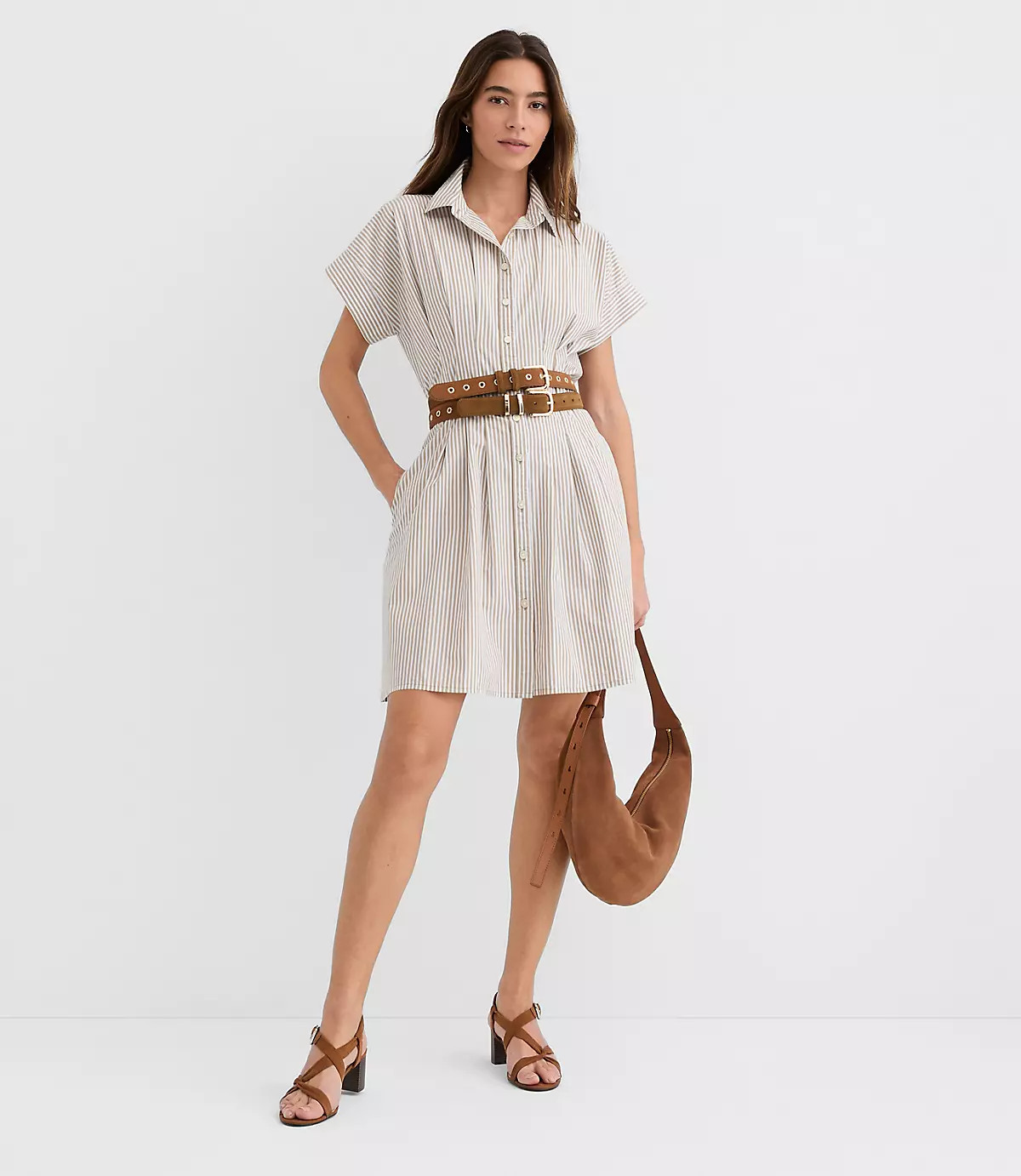 Petite Striped Poplin Pleated Mini Pocket Shirtdress | LOFT