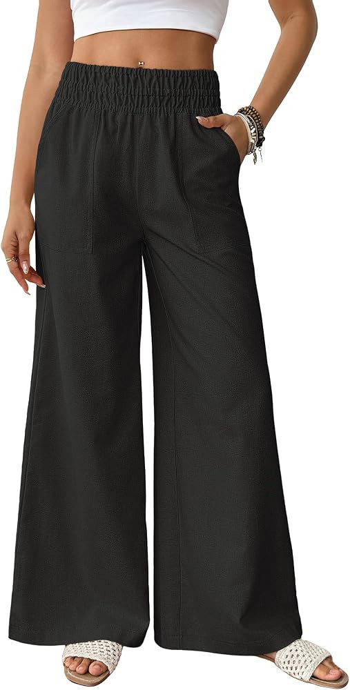 Bsubseach Linen Palazzo Pants for Women Cotton Casual Wide Leg Pants Woman Elastic Waist Summer T... | Amazon (US)