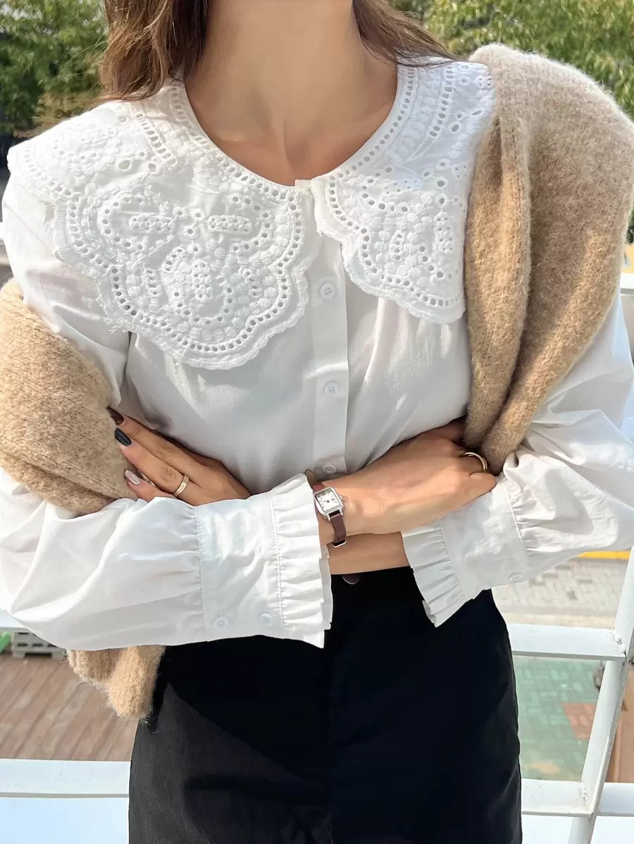 DAZY Eyelet Embroidery Statement Collar Flounce Sleeve Blouse,Long Sleeve Tops,Fall Women Clothes | SHEIN