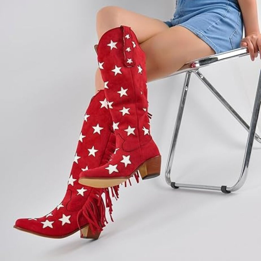 Cowgirl Boots Stars Block Heels Fringed Pull On Faux Suede Under the Knee-RED | Poshmark