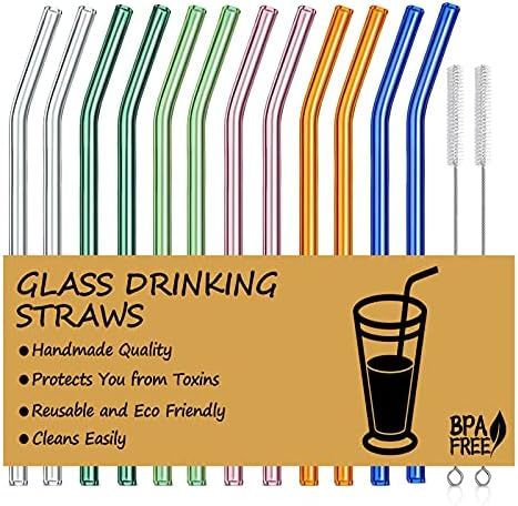Reusable Bent Glass Straws, 8mm Glass Drinking Straws with 2 Cleaning Brushes, Non-Toxic, BPA Fre... | Amazon (US)