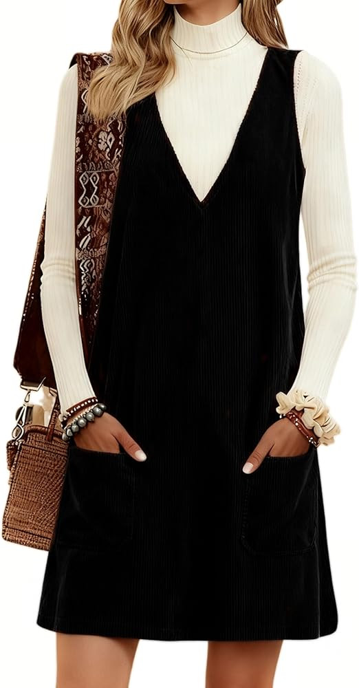 Hooever Women Corduroy Overall Dress V Neck A Line Skirtall Jumper Mini Dress Pinafore with Pocke... | Amazon (US)