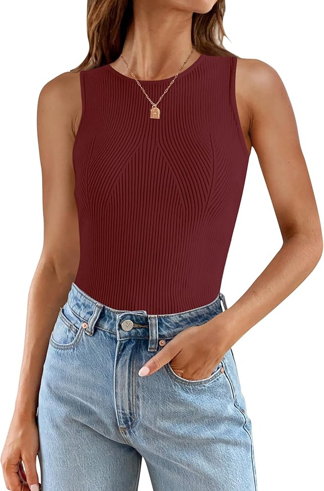 ZESICA Womens Ribbed Tank Tops 2024 Summer Sleeveless High Neck Casual Slim Fitted Basic Knit Shi... | Amazon (US)