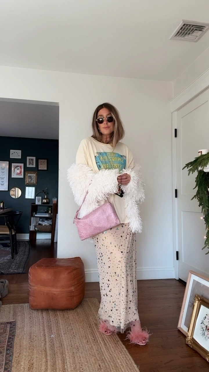 Another extra party outfit ⚡️✨Let’s style this somewhat unapproachable slip dress(but sooo cute and different!)  into a fun unexpected New Year’s Eve party outfit! You could also swap out the heels with some combat boots & then swap out the faux fur with a denim jacket for a more *casual* outfit!  