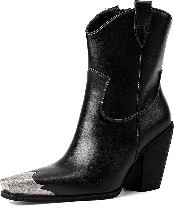 Cowboy Ankle Boots for Women Engraved Steel Toe Cowgirl Boots Stacked Block Heels Short Cowboy Bo... | Amazon (US)