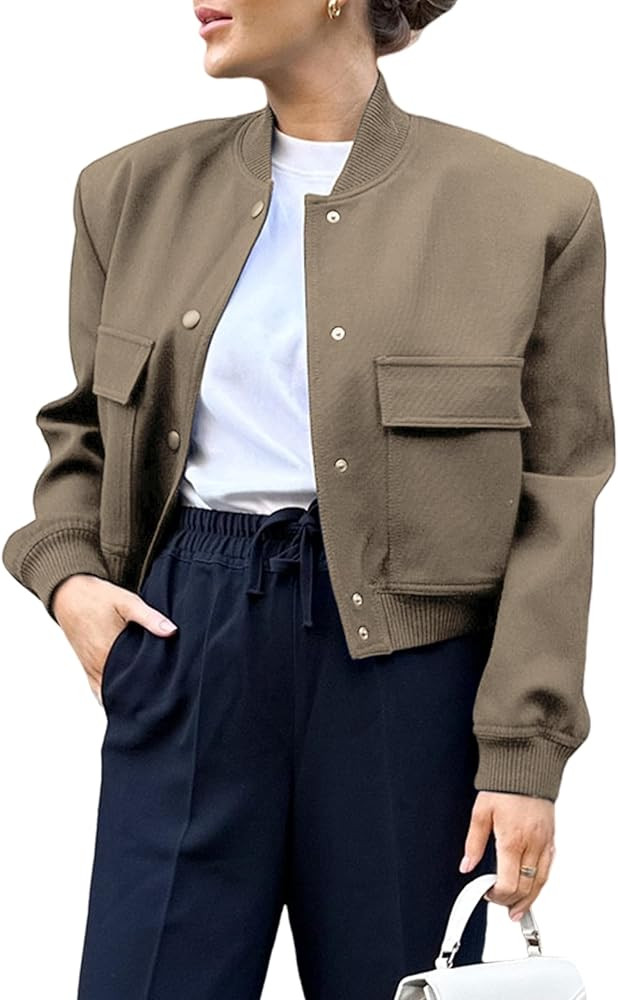 Aedceal Women's Cropped Bomber Jacket Button Down Stand Collar Varsity Coats Outerwears with Pock... | Amazon (US)