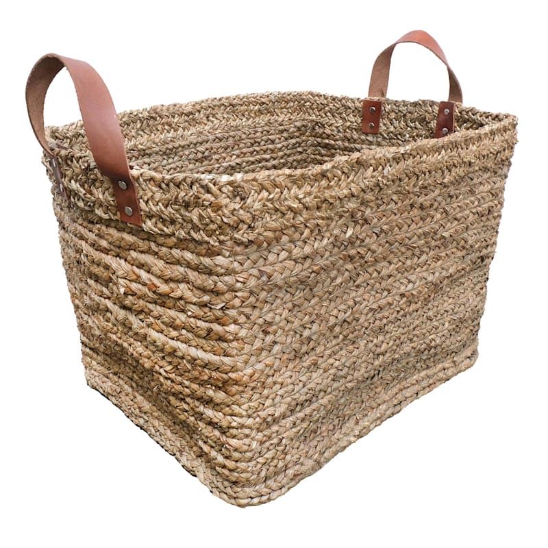 Austin Rectangle Seagrass Storage Basket with Leather Handles, Large | At Home