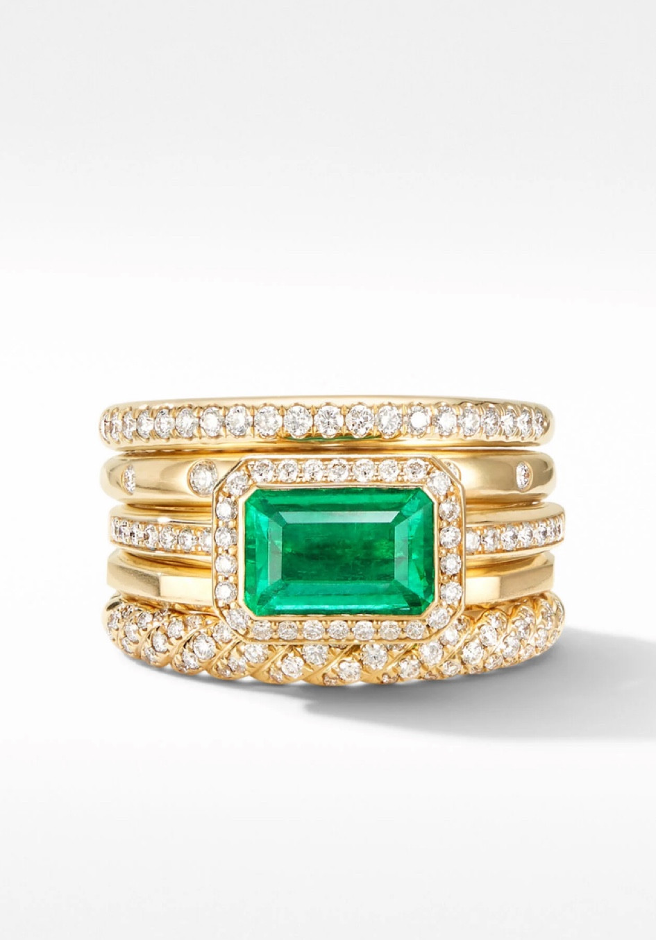 David Yurman Stax Five Row Ring in 18K Yellow Gold with Emerald and Pavé Diamonds, high end jewelry rings 

#LTKFind
