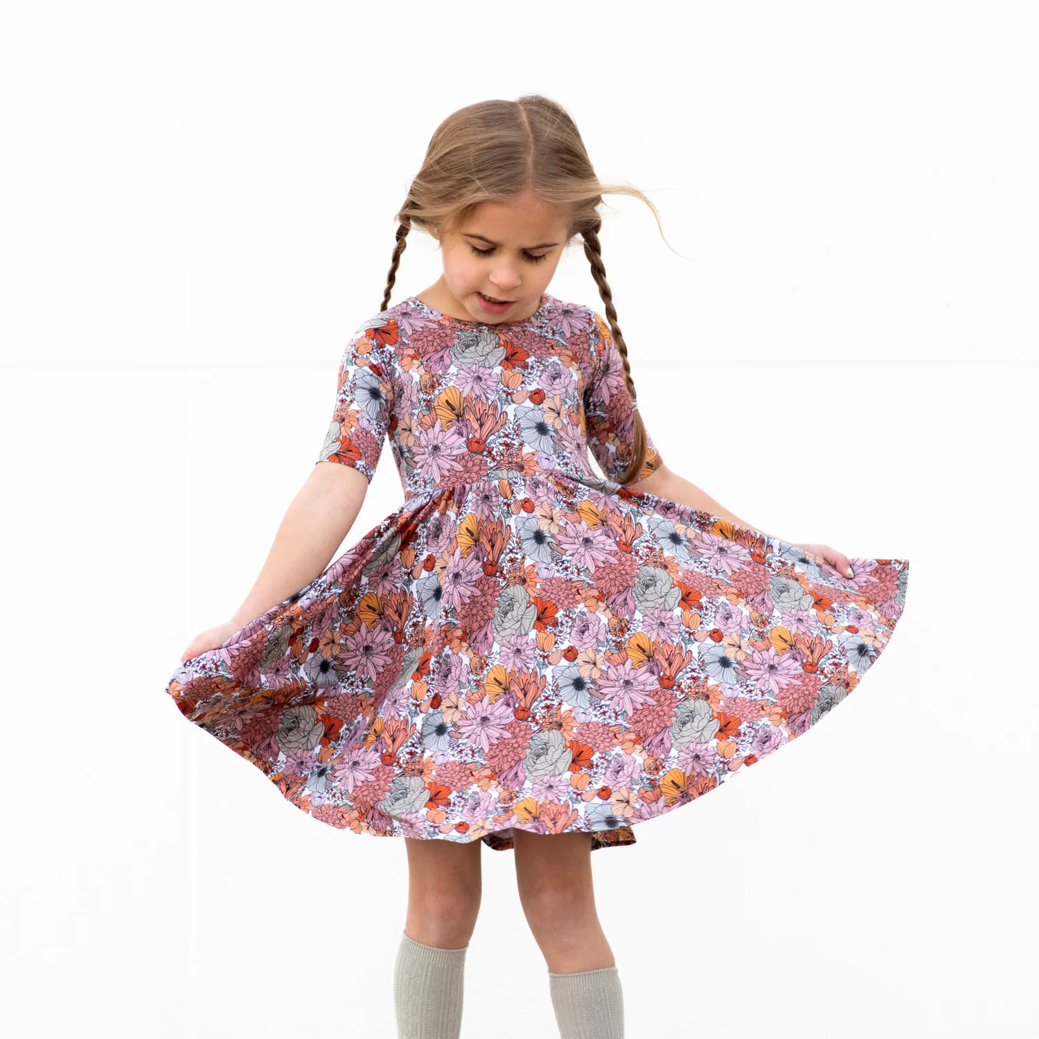 MID SLEEVE TWIRL DRESS- Autumn Floral | millie + roo