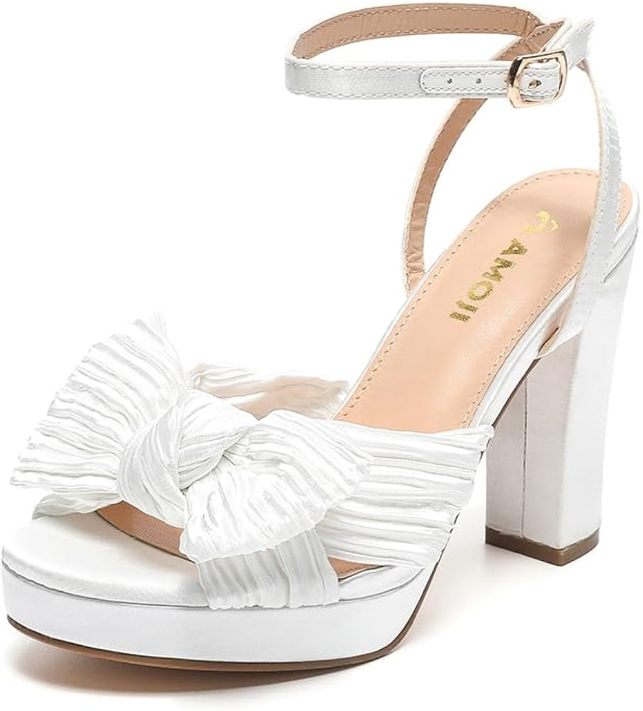 AMOJI Women Platform Chunky Heels 4 inches High Bowknot Heeled Sandal for Wedding Party 302F4 | Amazon (CA)