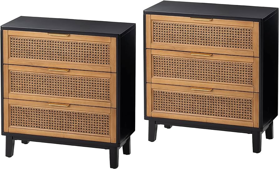 COZAYH Farmhouse 3-Drawer Nightstand, Set of 2 Woven Cane Front Accent Dresser with Brass Pull, F... | Amazon (US)