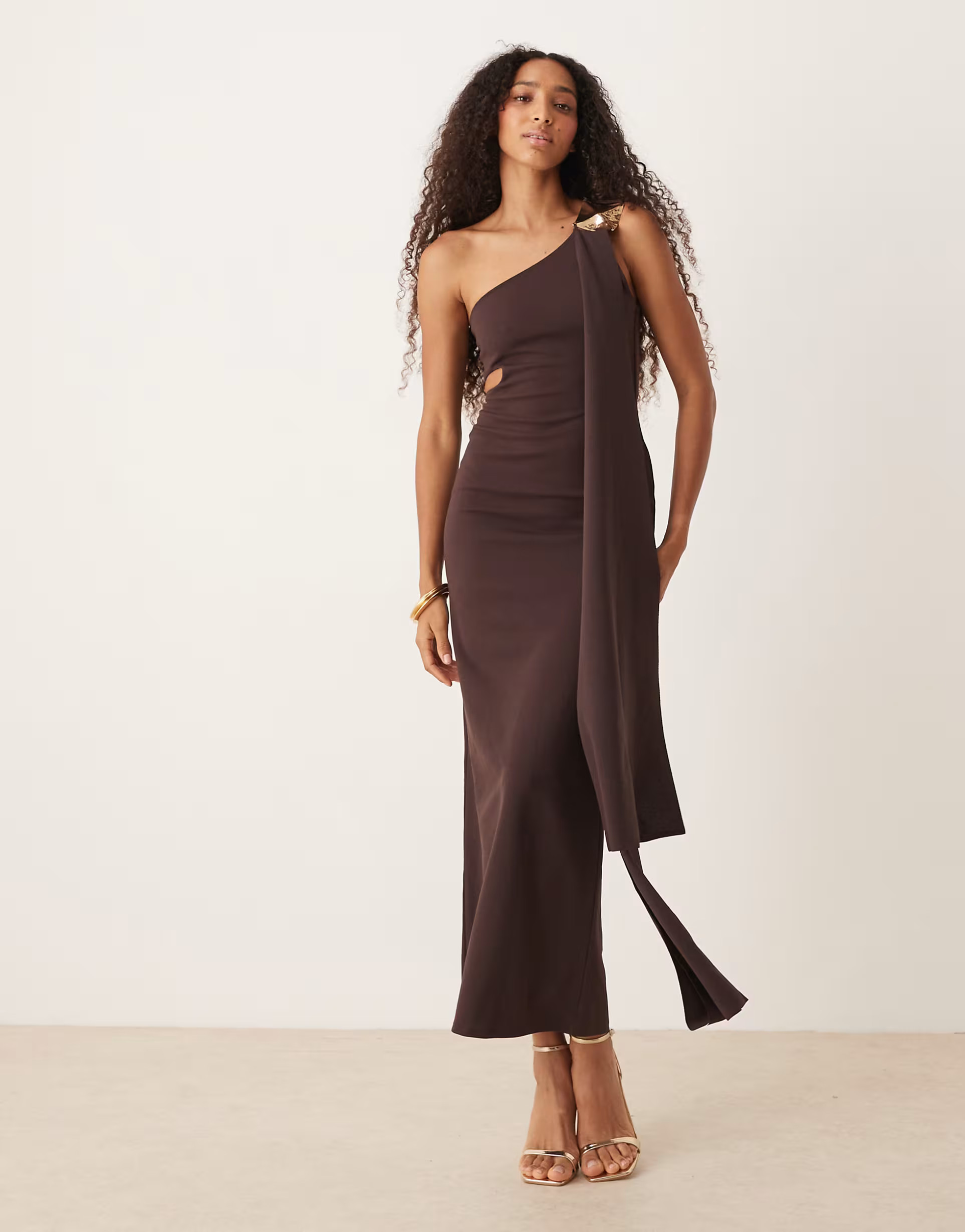 ASOS DESIGN cut out one shoulder maxi dress with hammered trim in chocolate | ASOS (Global)