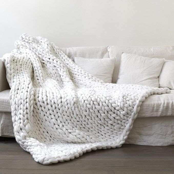 Chunky Knit Blanket Hand Made Merino Wool Throw Boho Bedroom Sofa Home Decor Giant Yarn(White 47"... | Amazon (US)