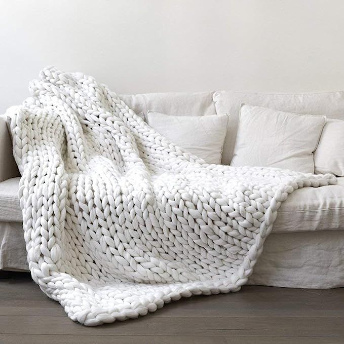 Chunky Knit Blanket Hand Made Merino Wool Throw Boho Bedroom Sofa Home Decor Giant Yarn(White 47"... | Amazon (US)