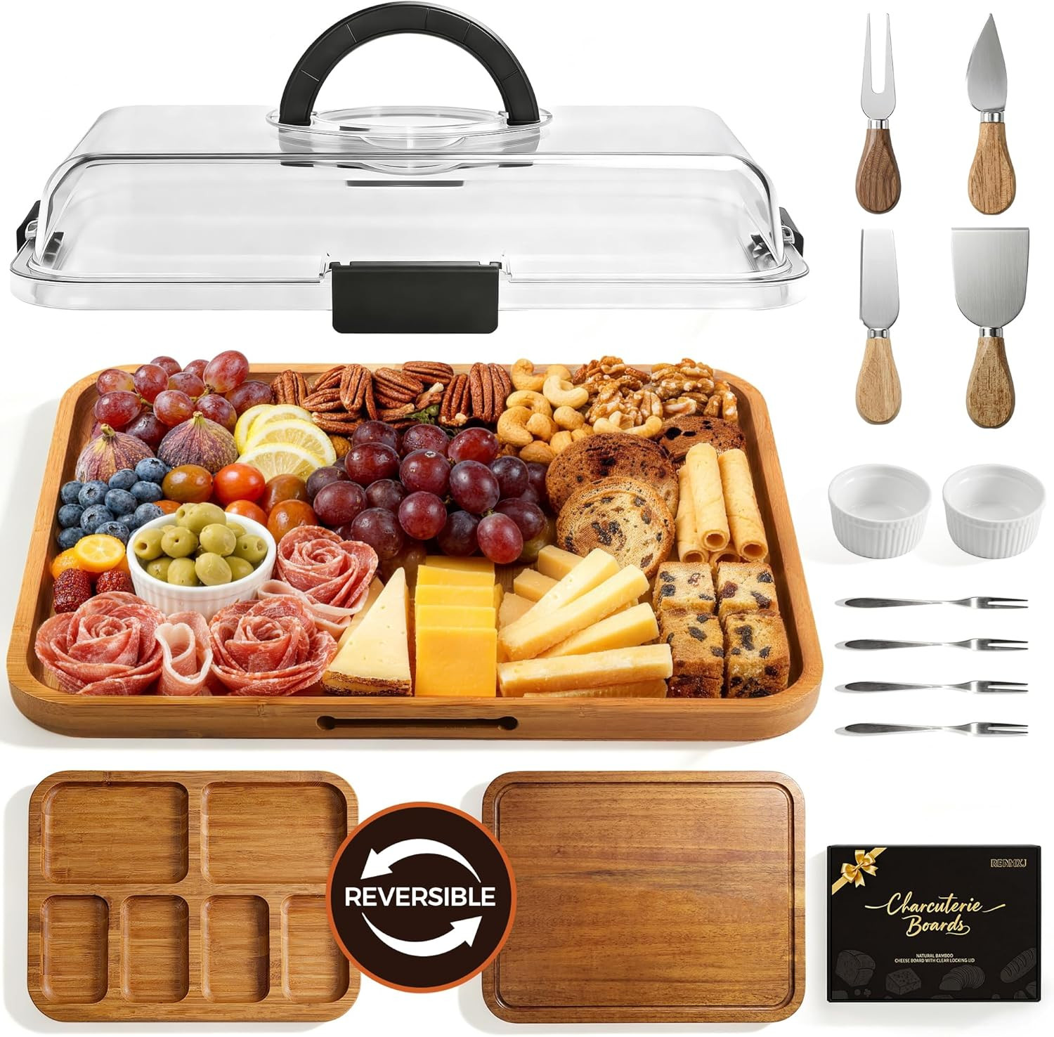 Charcuterie Board with Lid, Carbonized Bamboo, Knives Set and Bowls | Amazon (US)