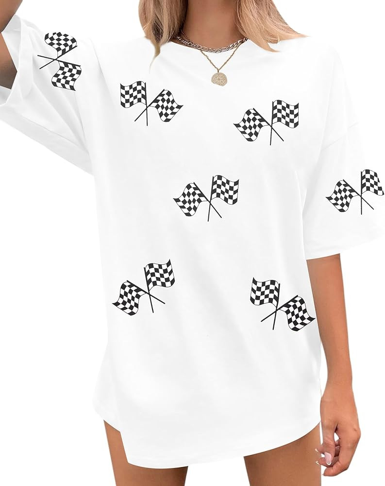 Oversized Racing Shirt Women Checkered Flag Tshirt Vintage Race Day Car Shirts Casual Unisex Shor... | Amazon (US)