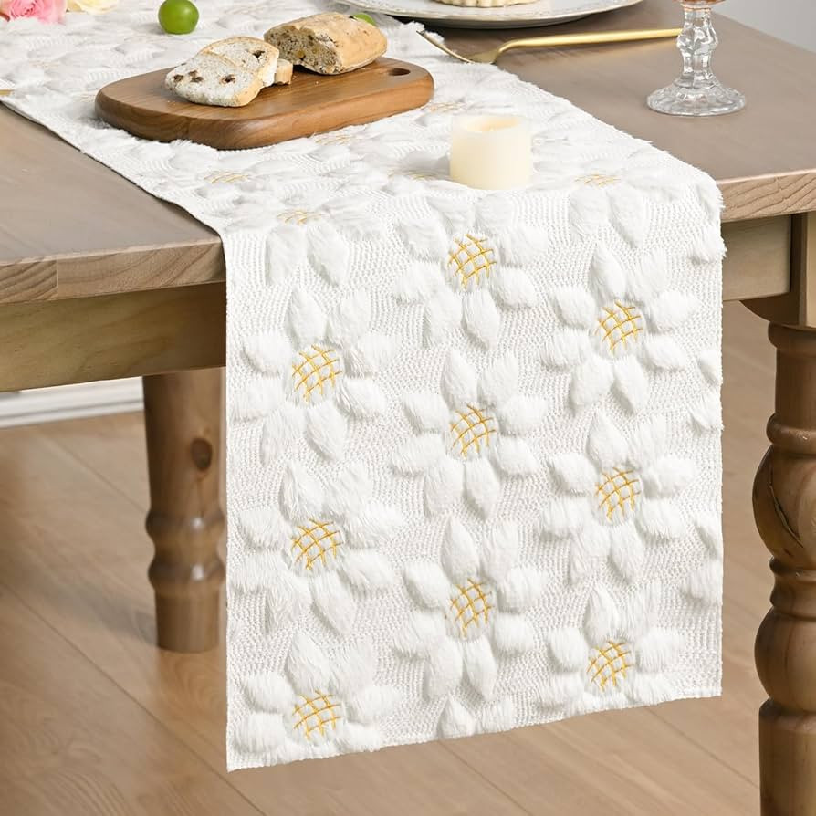 Artoid Mode White Soft Plush Faux Fur Jacquard Embroidery Sunflower Spring Table Runner, Kitchen ... | Amazon (US)