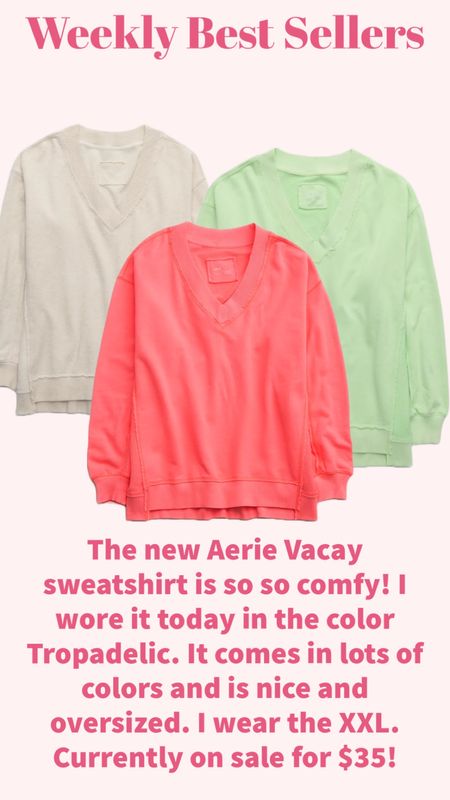 The new Aerie Vacay sweatshirt is so so comfy! I wore it today in the color Tropadelic. It comes in lots of colors and is nice and oversized. I wear the XXL. Currently on sale for $35!

#LTKsalealert #LTKplussize #LTKfindsunder50