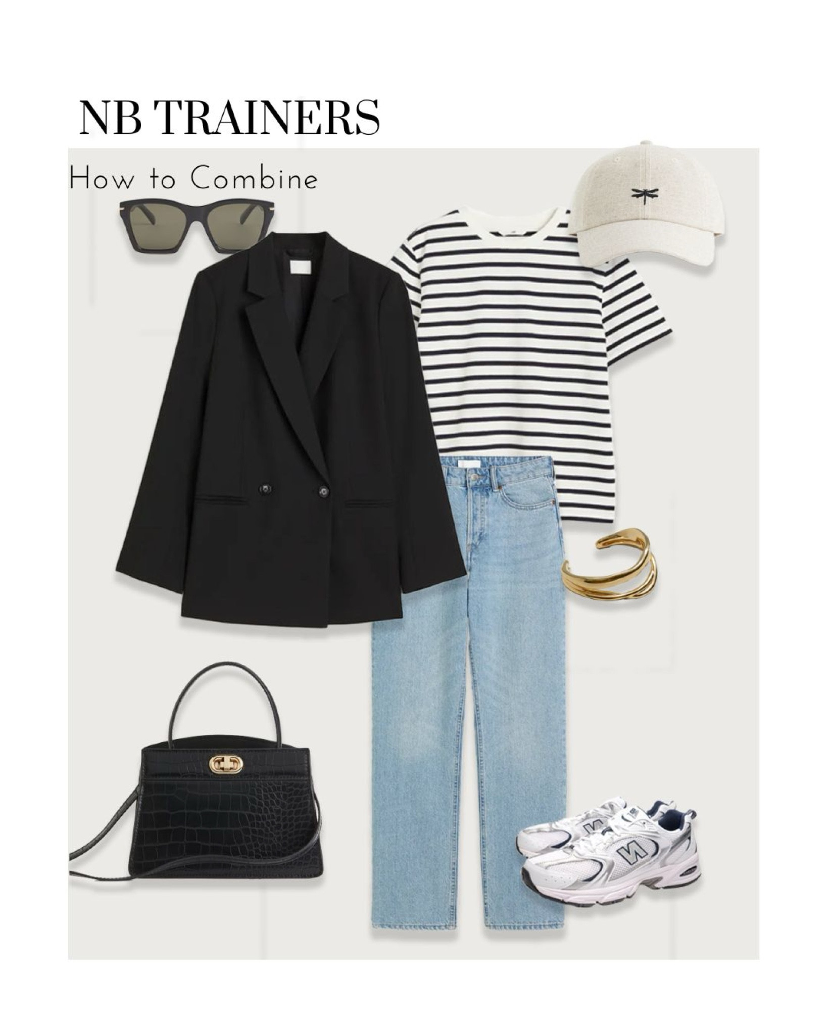 Step into style with our latest New Balance trainers, perfectly paired with straight light jeans for a casual yet chic look. Complete the ensemble with a striped black and white t-shirt, a sleek black oversized blazer, a beige cap for added flair, and accessorize with a black strut shoulder bag and classic black sunglasses. Elevate your streetwear game with this effortlessly cool outfit.

#NewBalance #Trainers #StreetStyle #Fashion #StraightJeans #StripedTee #OversizedBlazer #BeigeCap #ShoulderBag #Sunglasses #BlackAndWhite #CasualChic
