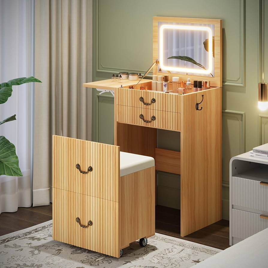 FURSUN 3-in-1 Vanity with Flip Mirror & Lights, Fluted Compact Vanity Table with 3 Drawers, Stora... | Amazon (US)