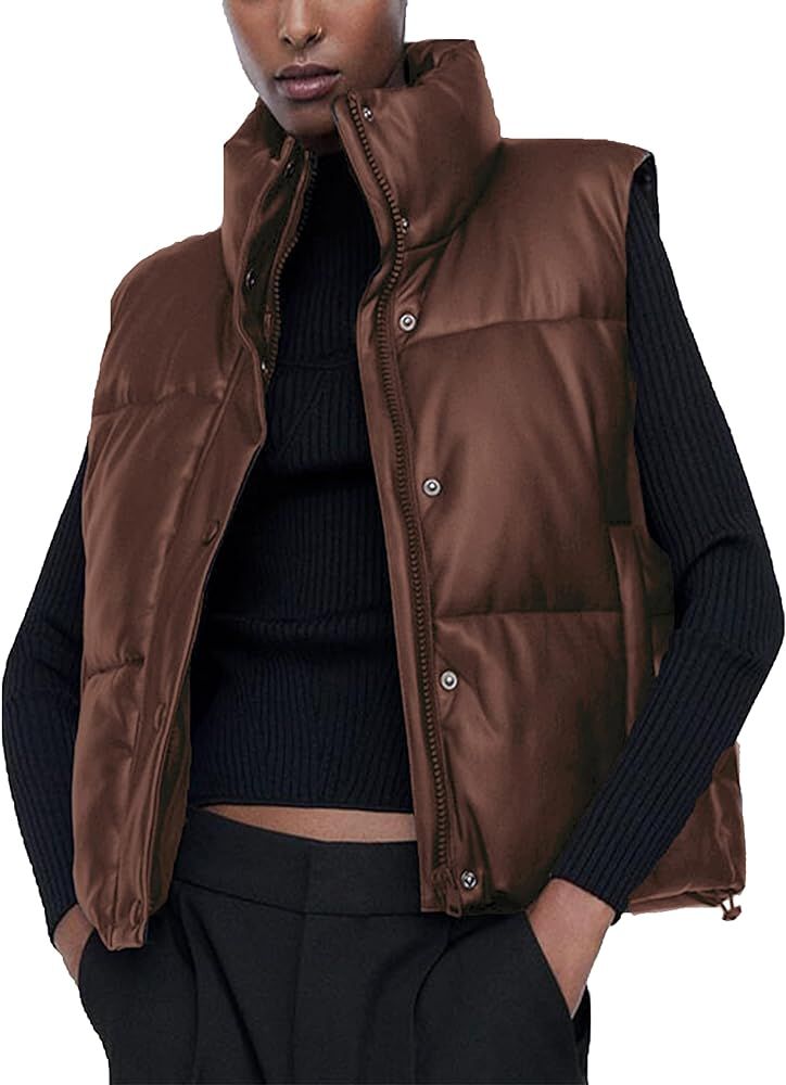 HangNiFang Faux Leather Puffer Vest for Women Winter Warm Padded Jacket Vest Waistcoat | Amazon (US)